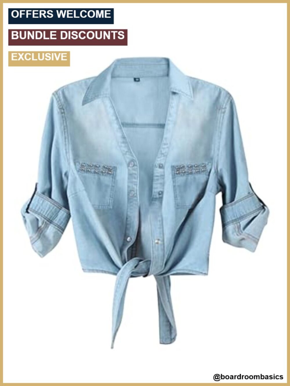 Women's Denim Crop Top 3/4 Roll Up Sleeve Tie Front Button Down Shirt